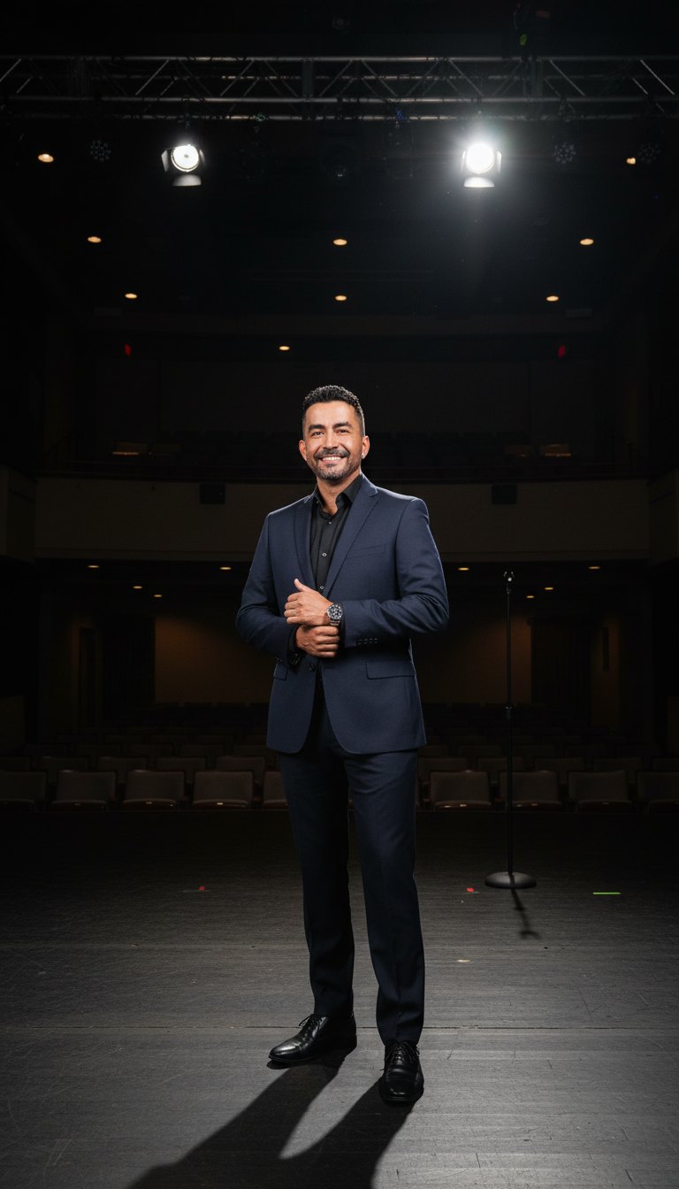 Waldir Ortiz sonríe de pie en el escenario de un teatro